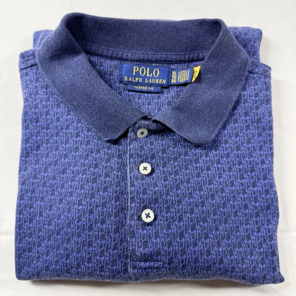 Polo Ralph Lauren XL Classic Fit Polo Shirt Blue PRL Monogram Print Soft Cotton